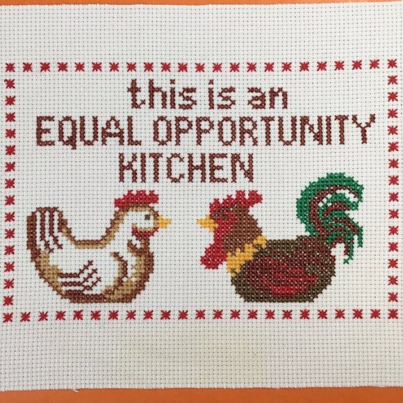 Finished Ready to Frame Cross Stitch Rooster Hen Equal Opportunity Kitchen - Picture 2 of 5